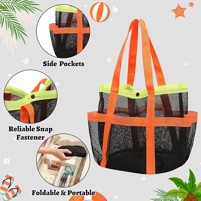 Mesh Beach Bag, Foldable Waterproof Sandproof Beach Storage Tote with 6 Pockets, Swim Tropical Vacation Pool Essential
