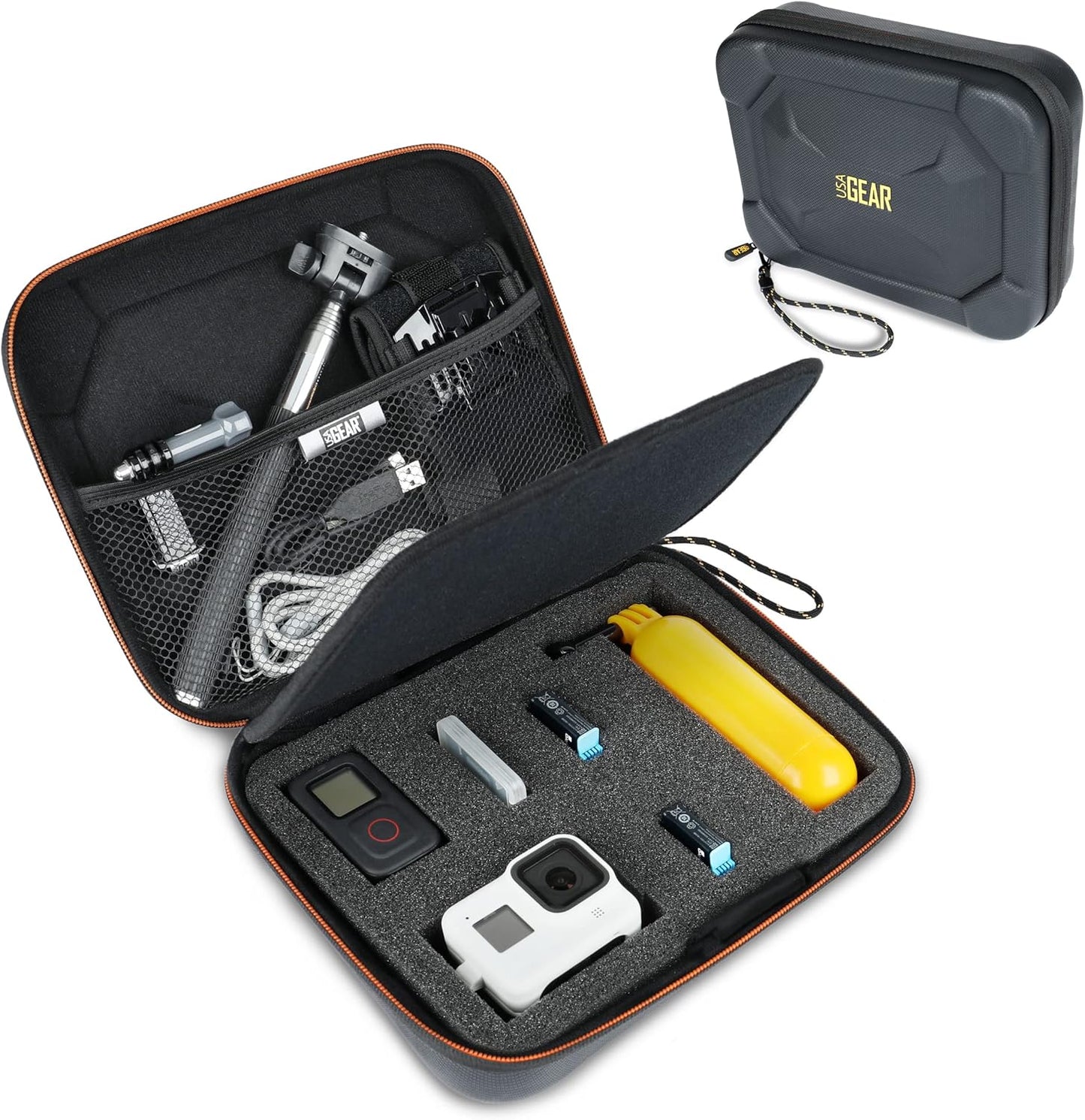 USA Gear Water Resistant EVA Foam Hard Case Compatible with Go Pro Hero13 / Hero12 Charger, Insta360 ONE RS Twin, Insta360 X4-8K & More - Lightweight, Customizable Interior, Mesh Pocket (Case Only)