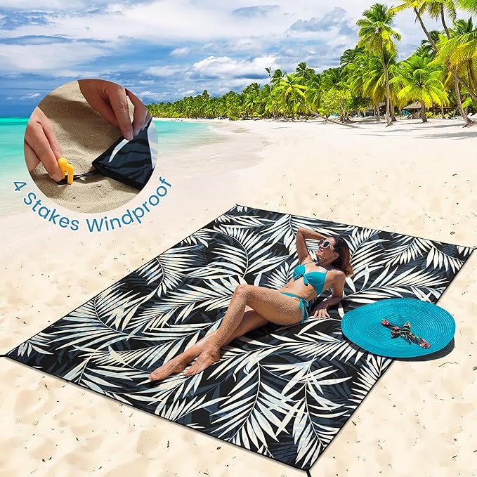 Beach Blanket Waterproof Sandproof Beach Mat 79”x 83” for 1-8 Adults Quick Drying Durable Outdoor Picnic Mat for Beach Festival Travel Camping Hiking (BK&W-Palm, 79"×83"(4 Person))