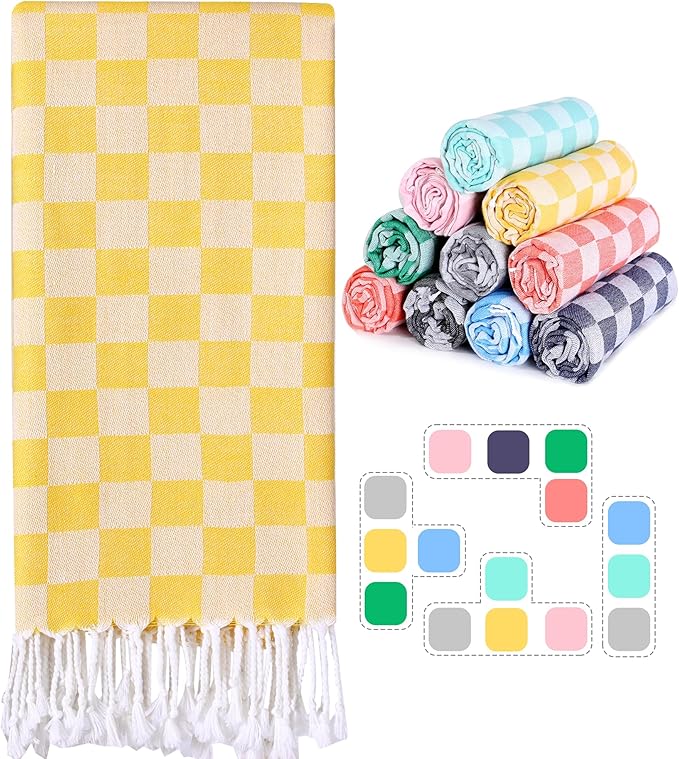 Checkered Plaid Cotton Turkish Beach Towels Extra Large Sand Proof Soft Absorbent Long Wide Sandless Fast Drying Compact Lounge Chair Towel Cover Packable Repellent Anti Resistant Repels Necessities