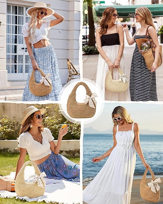 Beach Bags for Women - Handmade Straw Clutch Purses for Women Handbag Zip Closure Tote Bag Lightweight