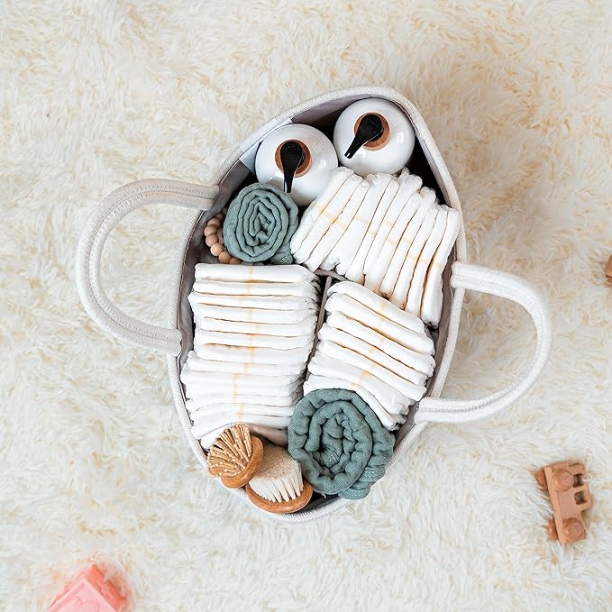 Comfy Cubs Rope Diaper Caddy Organizer 8.5" x 15" x 8" - Large Baby Diaper Basket with 3 Spacious Compartments - Stylish Cotton Baby Caddy Organizer for Diapers, Wipes & Essentials - Blush