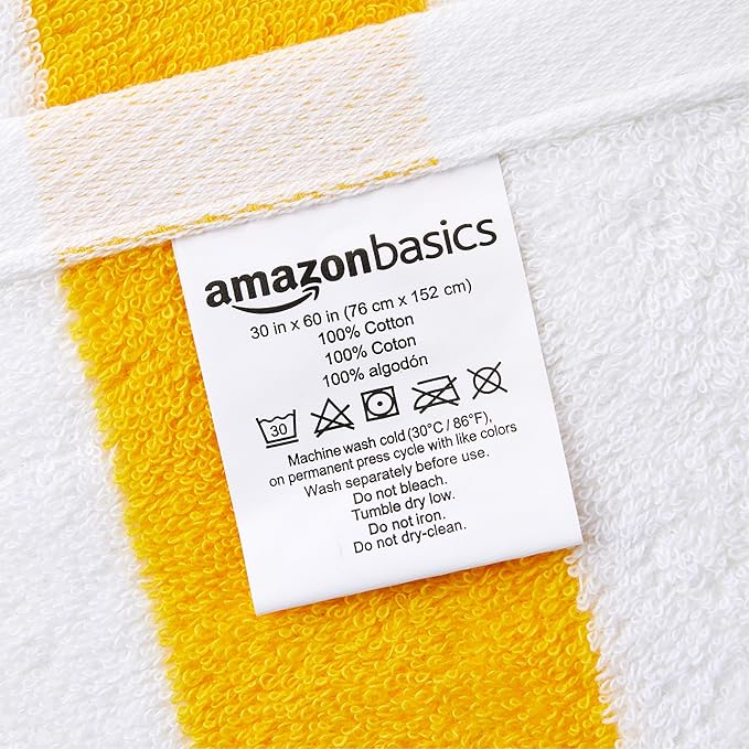 Amazon Basics 100% Cotton Beach Towel, Soft & Absorbent, Fast Drying, Cabana Stripe, Large 30" x 60", Yellow, 2-Pack