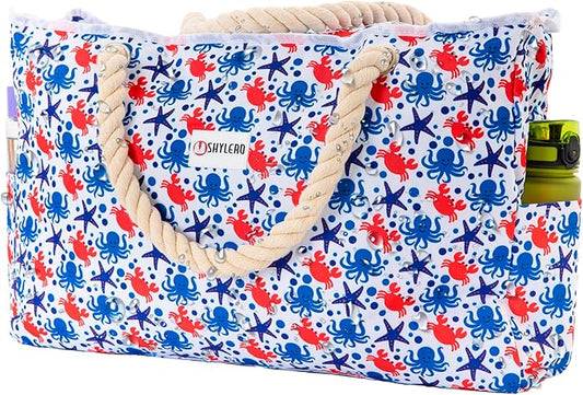 Beach Bag and Pool Bag Has Cooler Pocket, 7 Pockets Total, Zip Top. Family Size Waterproof Beach Tote