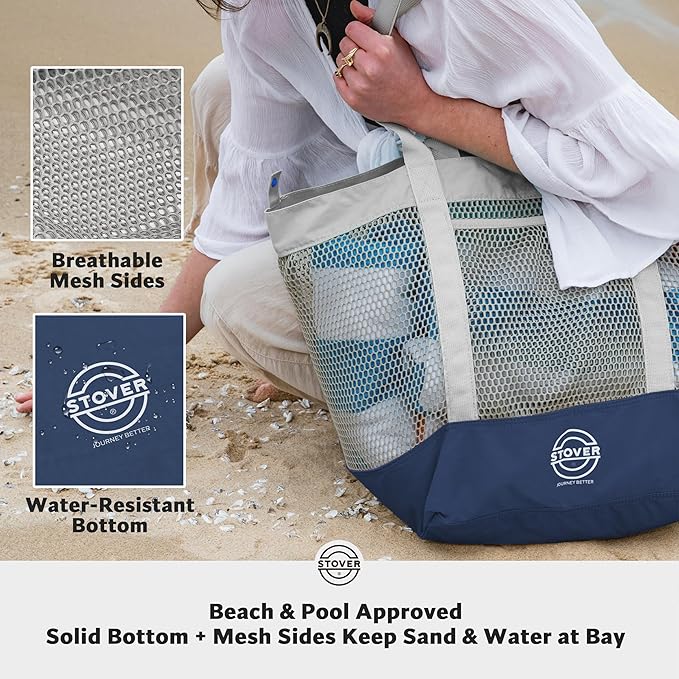 STOVER Extra Large Mesh Beach Bag, Vacation, Pool, Shopping & Travel Tote - Foldable w/Storage Pouch & Pockets for Women, Men