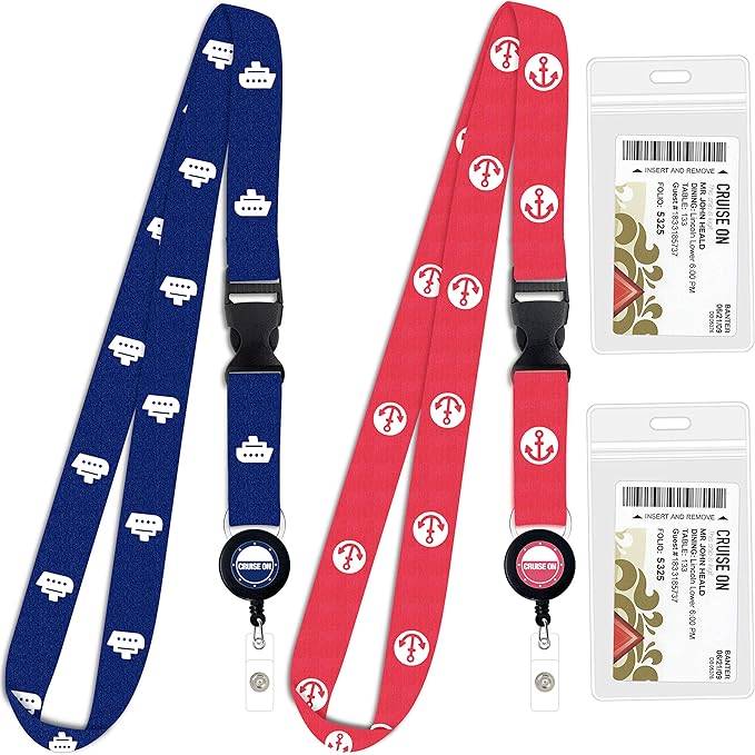 Cruise On Cruise Lanyard for Ship Cards – 2-Pack Retractable Badge & Waterproof Key Card Holder for Ship Cards – Cruise Essentials 2026-2027, Perfect for Travel & Vacation (Blue & Red)