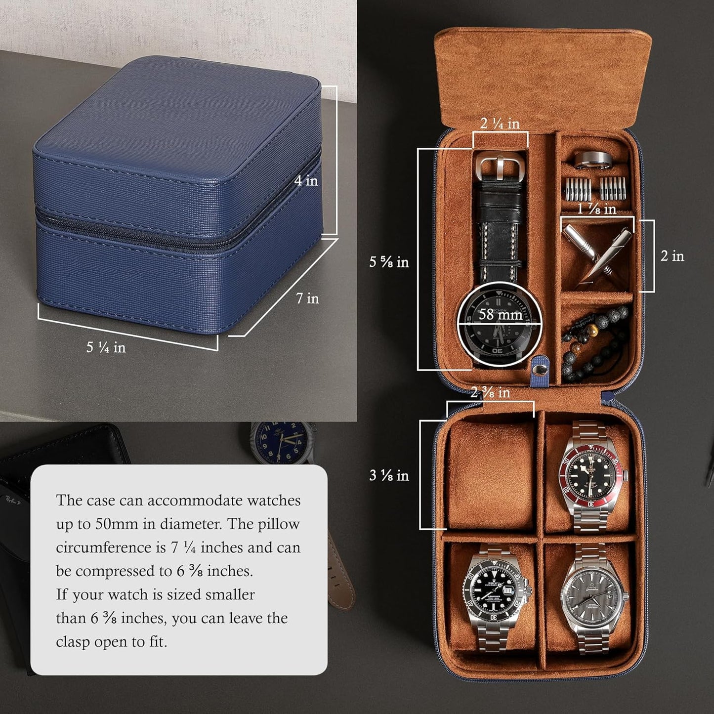 ROTHWELL 5 Watch Travel Case Storage Organizer for 5 Watches | Tough Portable Protection w/Zipper Fits All Wristwatches & Smart Watches Up to 50mm (Blue/Tan)