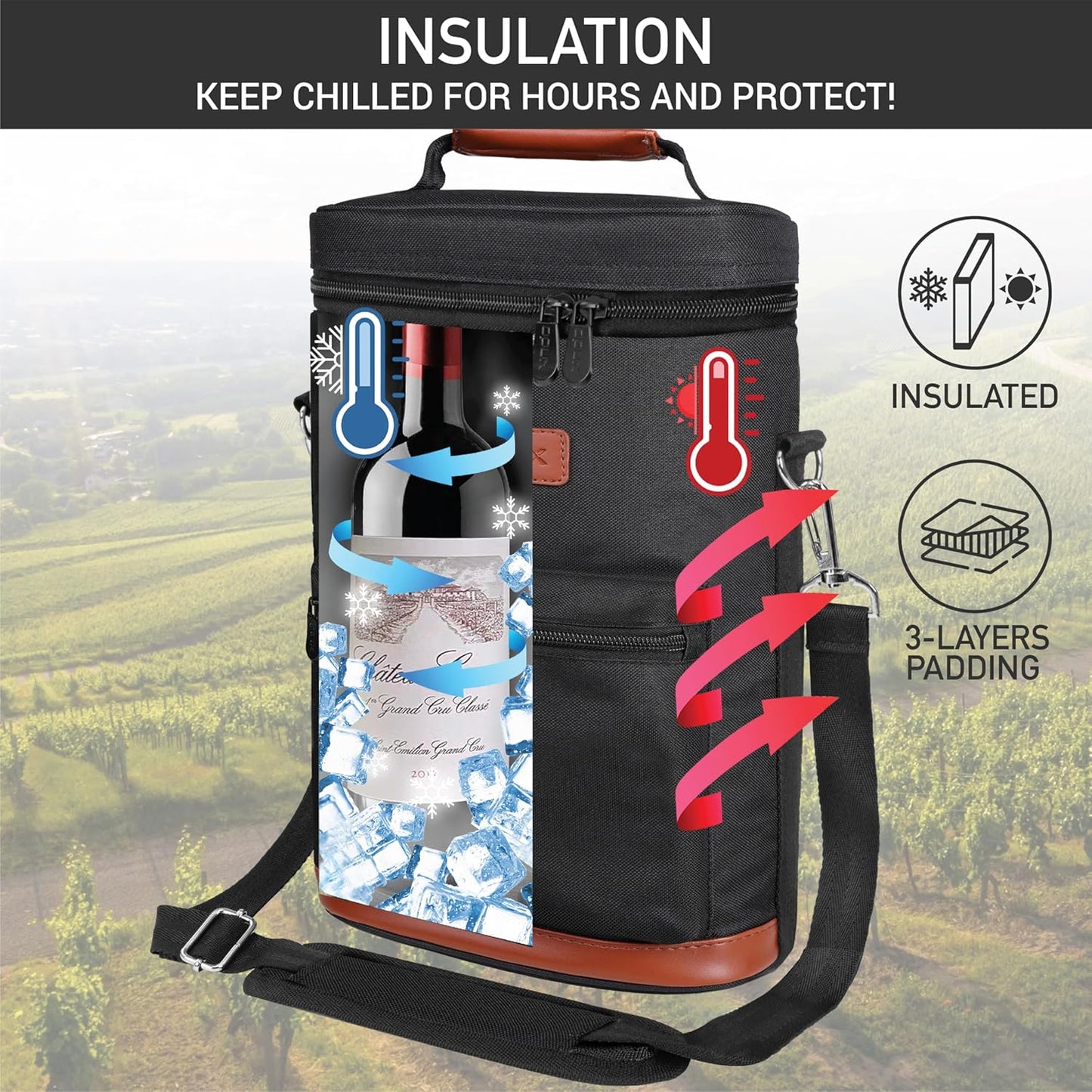 opux Wine Bag 2 Bottle Wine Tote Carrier, Insulated Wine Cooler Bag for Travel Picnic, Leakproof Portable Bottle Padded Case, Wine Gifts For Women Men Wine Lovers Christmas, Black