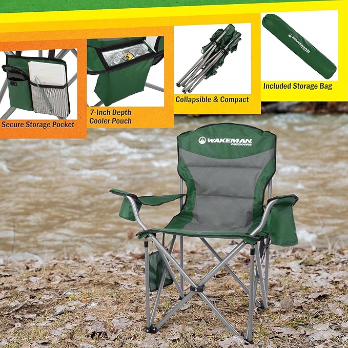 Oversized Camping Chair 300lbs - Heavy Duty Folding Chair with Cooler Pouch and Carry Bag for Camp Sites, Tailgates, or Beach by Wakeman (Green)