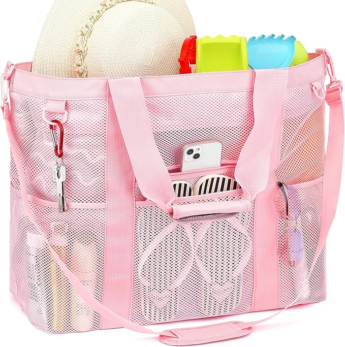 Mesh Beach Bag, Large Beach Tote with Zipper Pocket, Toys Pool Bag for Family Travel Vacation Cruise Essentials
