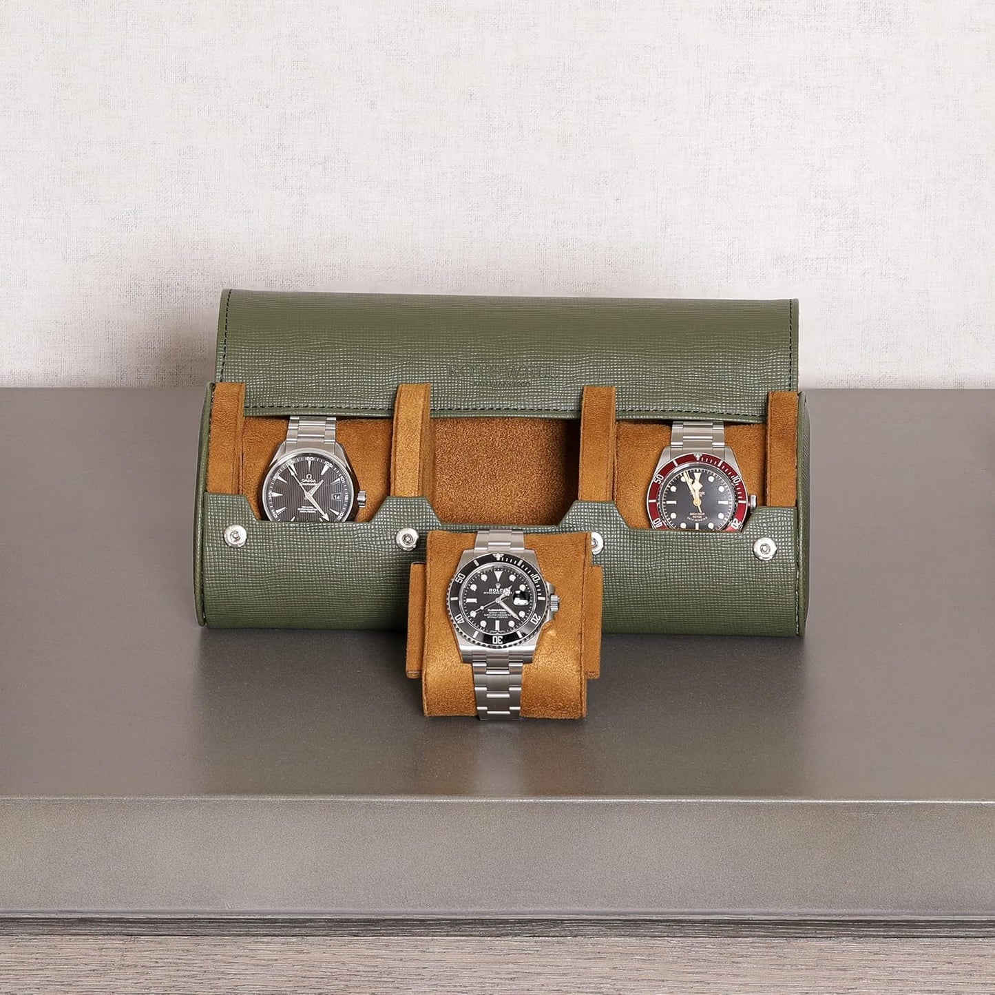 ROTHWELL Watch Roll Travel Case for 3 Watches | Tough Portable Protection, Fits All Wrist Watch & Smart Watches Up to 50mm (Green/Tan)