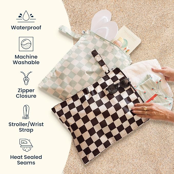 Tiny Twinkle Mess Proof Wet Bags | 2-Pack Reusable Waterproof Wet Bags for Swimsuits | Baby Clothes | Travel & Diaper Bag (Sage, Charcoal)