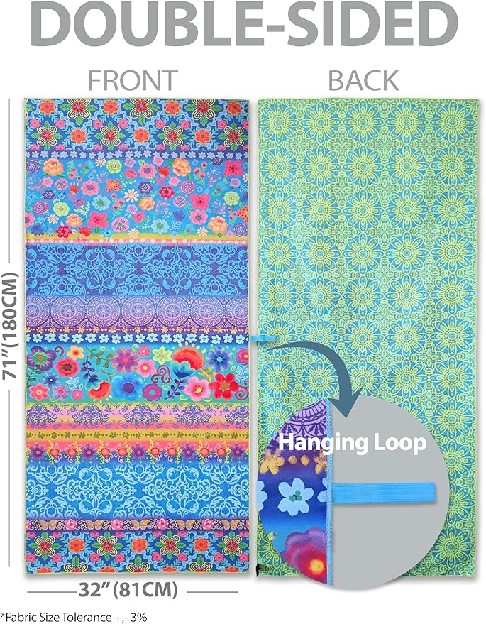 Microfiber Beach Towel Oversized 71X32" Thin, Large, Reversible, Lightweight, Quick Dry, Sand Free, Absorbent, Swim, Pool, Cruise, Compact Travel Towel, Camping, Beach Blanket, Carry Bag, Boho, Flower