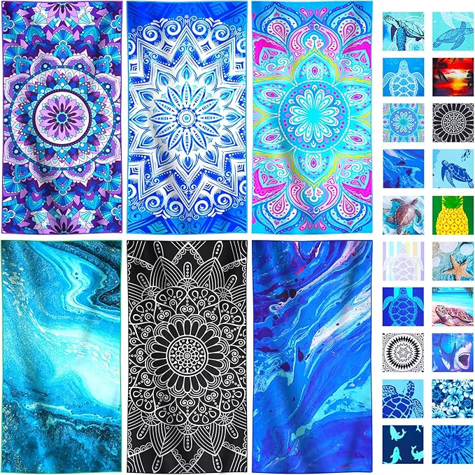 6 Packs Lightweight Thin Microfiber Beach Towel Oversized Quick Dry Compact Sandproof Clearance Towels Sand Free Camping Swimming Pool Easy Pack Travel Adults Purple Bohemian Marble Sea Bohemian