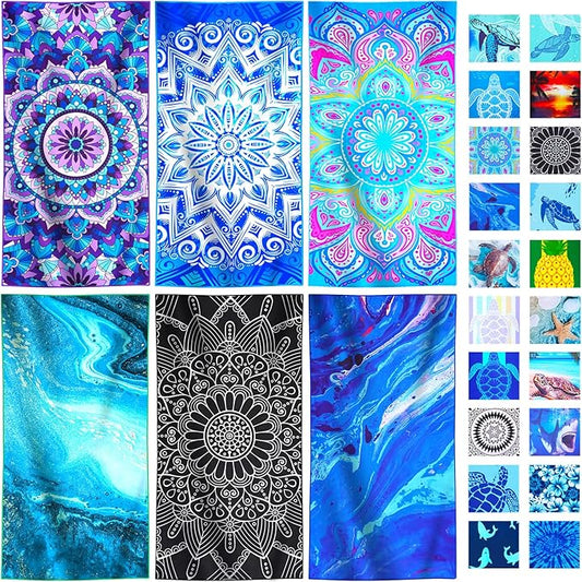 6 Packs Lightweight Thin Microfiber Beach Towel Oversized Quick Dry Compact Sandproof Clearance Towels Sand Free Camping Swimming Pool Easy Pack Travel Adults Purple Bohemian Marble Sea Bohemian