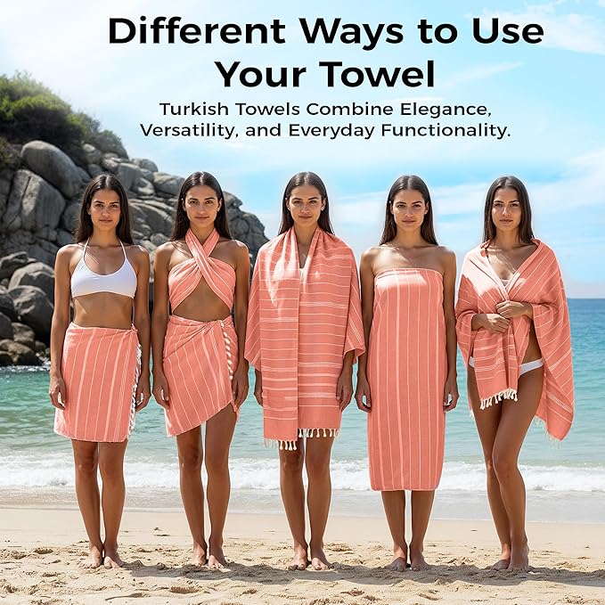 Turkish Beach Towel with Hidden Zipper Pocket 100% Cotton Oversized 72 x 37 Inches Quick Dry Sand Free Lightweight Compact for Beach, Pool, Travel, Bath, and Yoga (Light Orange)