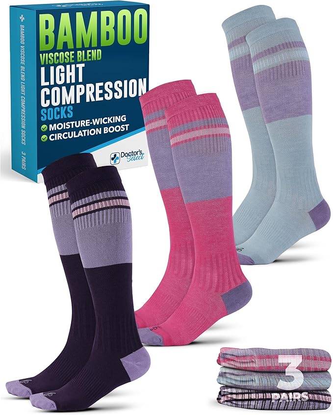 Doctor's Select Bamboo Viscose Light Compression Socks for Women & Men - 3 Pairs, 8-15 mmHg Compression Socks, Knee High