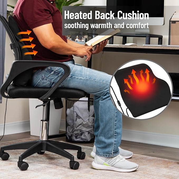 Mind Reader Heated Air-Cloud Lumbar Cushion, Ergonomic Memory Foam Back Support Pillow with Adjustable Heat Settings and Timer, Black