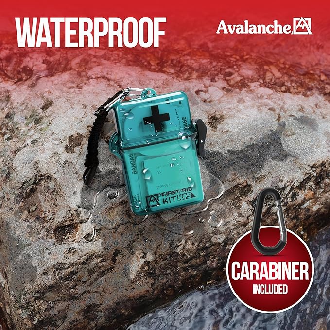 Avalanche Mini First Aid Kit, 30 Pcs Emergency Supplies Kit in Waterproof Case for Home, Car, Travel, Sports or Camping, First Aid Kit in Hard Case & Carabiner, Turquoise