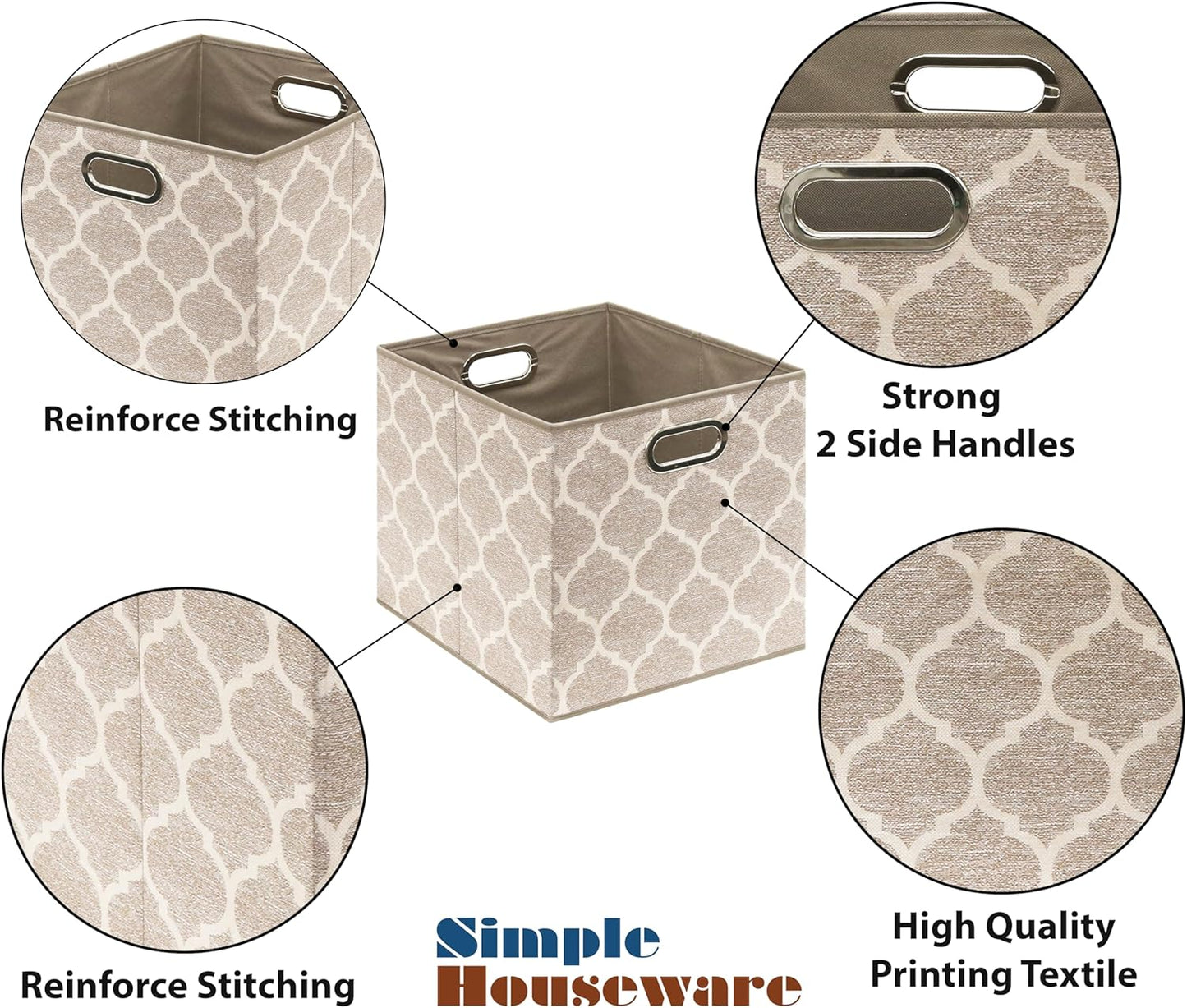SIMPLE HOUSEWARE 13-Inch Collapsible Fabric Cube Storage Bin with Handles, Printed Design, 3 Pack, Beige