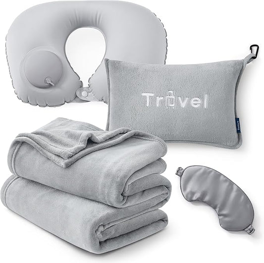 Bedsure Travel Blanket and Pillow Set with Inflatable Neck Pillows, Eye Mask and Storage Bag, Lightweight 3-in-1 Airplane Packable Blanket, Compact Travel Essentials, Grey