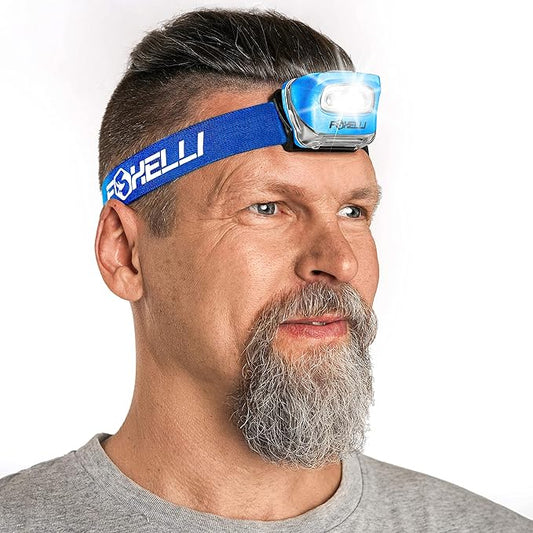 Foxelli LED Headlamp Flashlight for Adults & Kids, Running, Camping, Hiking Head Lamp with White & Red Light, Comfortable Headband, Lightweight & Waterproof, 3 AAA Batteries