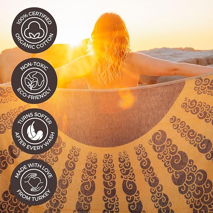 FESHKA Sand Proof Turkish Beach Towel – Oversized, Quick Dry & Lightweight Travel Towel - 100% Organic Cotton Beach Blanket - Perfect for Bath, Pool & Picnic | Golden Hour (Yellow/Navy)