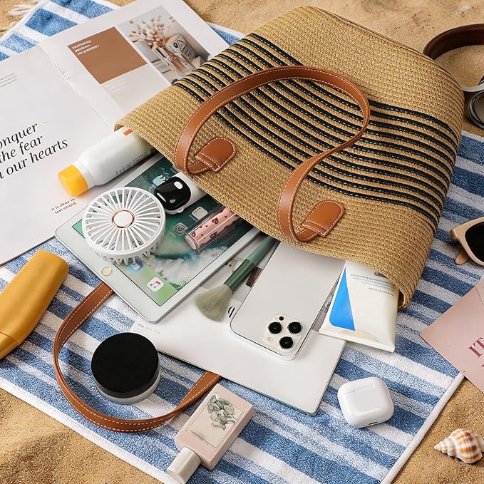 Trifabricy Beach Bags for Women, Summer Straw Beach Bag Straw Purse Shoulder Handbags Large Beach Tote for Summer Vacation
