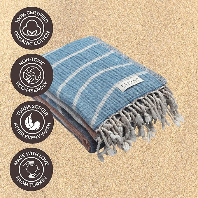 FESHKA Sand Free Turkish Beach Towel (37 x 67) Quick Dry Bath Towel, Oversized Beach Blanket, Lightweight for Travel - Made with 100% Organic Turkish Cotton - Happy Whale