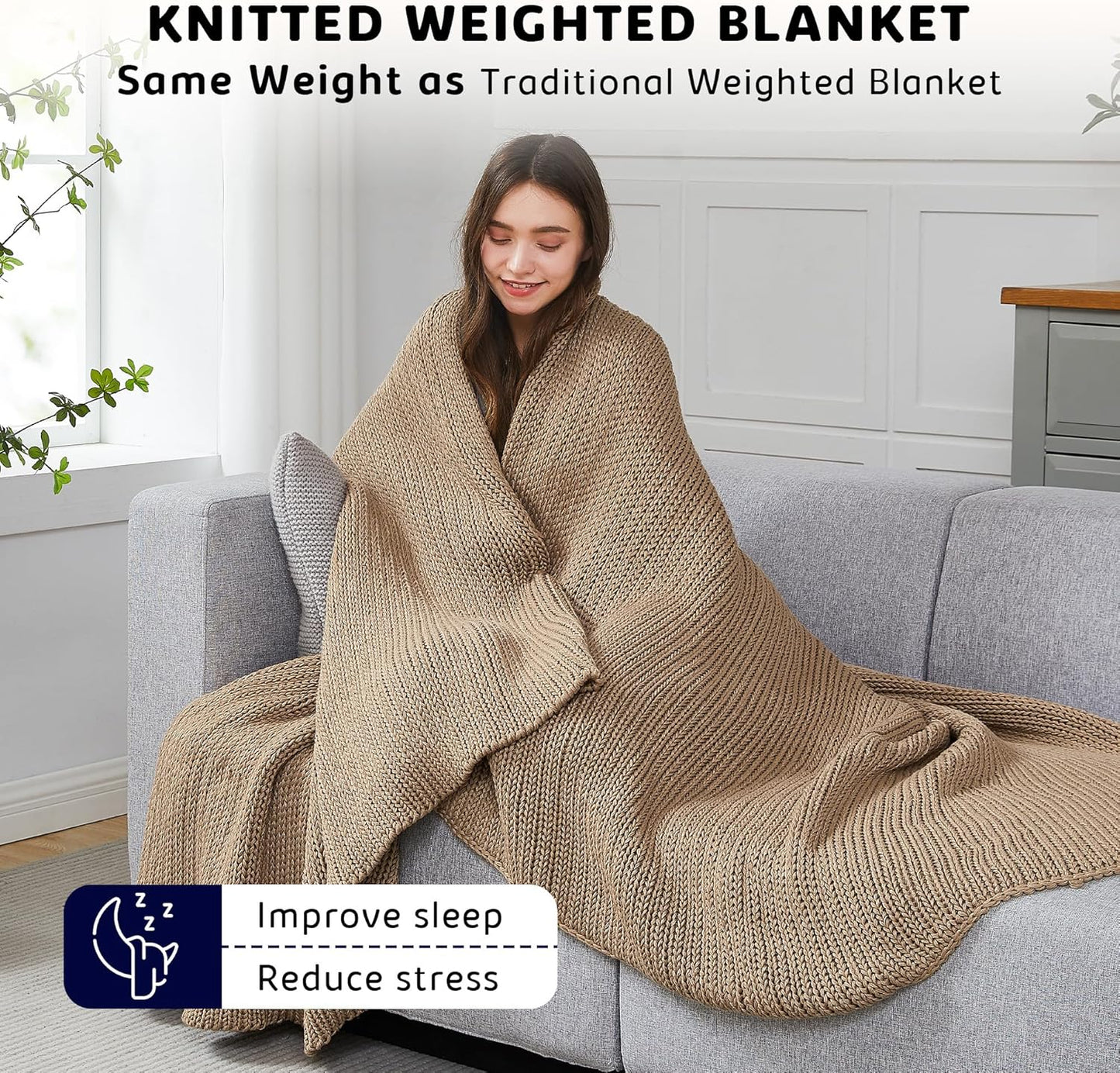 L'AGRATY Knitted Weighted Blanket - 60"x80" 20lbs Cooling Chunky Knit Heavy Blanket for Adults Braided Crochet Throw Thick Cable Yarn Knit Decorative No Beads Evenly Weighted Machine Washable