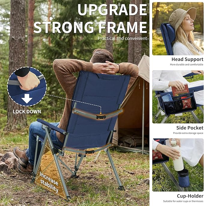 Folding Camping Chair with Cup Holder and Storage Bag, Heavy Duty Support 400 LBS, Oversized Collapsible Portable Adjustable Back Support Camping Chair for Outdoor (Adjustable-Blue)