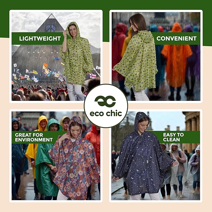ECO CHIC Waterproof Hooded Rain Ponchos for Adults, Foldable Adult Poncho with Pocket, Lightweight Reusable Raincoat