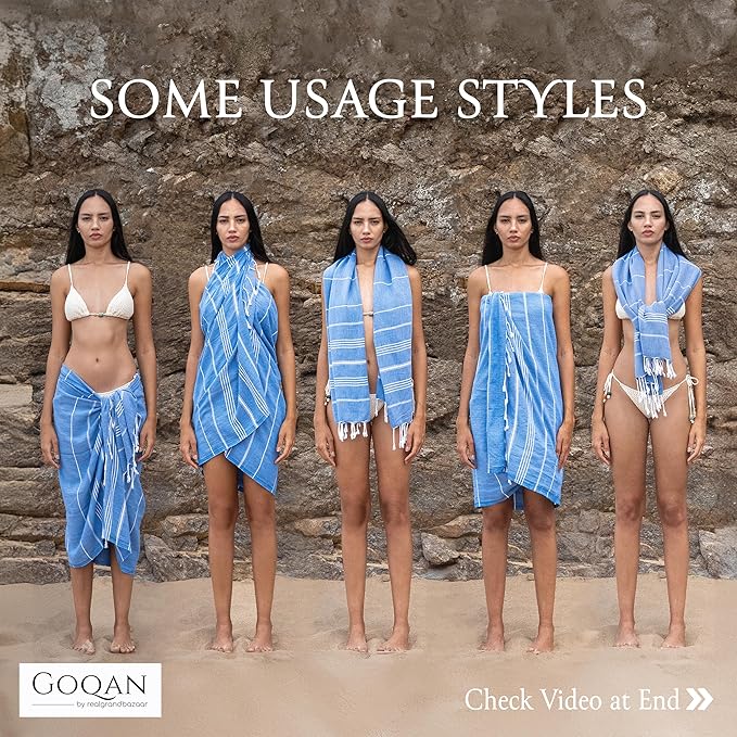 GOQAN Turkish Beach Towel Oversized 39x71 | Thin, Lightweight, 100% Cotton and Sand Free Towel is Suitable for Beach, Bathroom, Pool, Travel, Swim, Gift - Azure