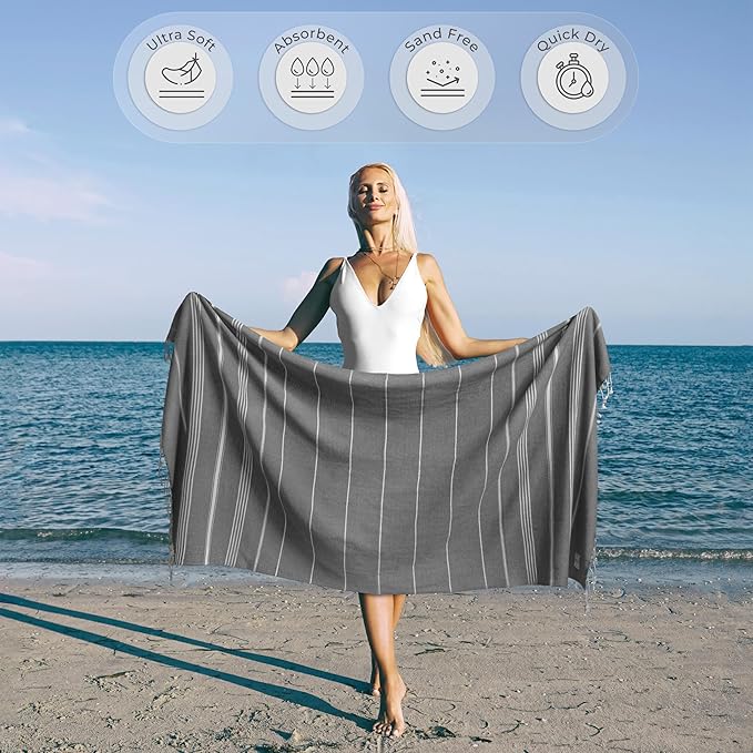 Turkish Beach Towel Quick Dry & Soft Oversized (39" x 71") - Compact, Versatile and Functional as Beach and Travel Blanket, Travel, Camping, Cruise and Gym Towel - Grey