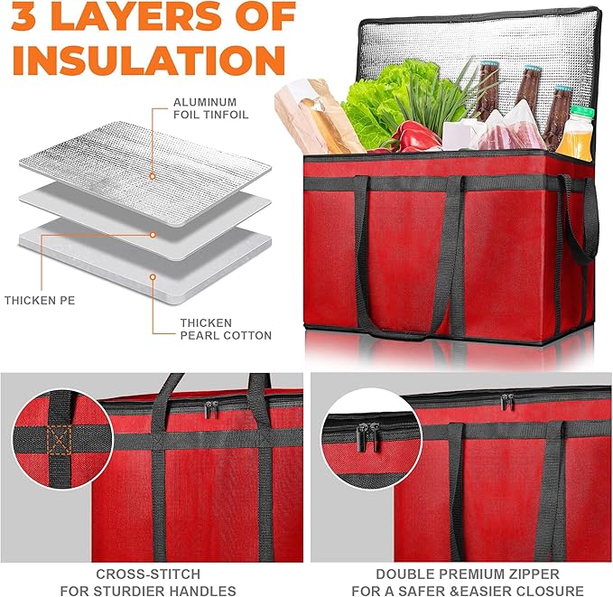 Insulated Food Delivery Bag, Commercial Grade Pizza Carrier for Hot and Cold Food, Large Reusable Catering Cooler Bag 22x15x14, Pizza Delivery Box for Uber Eats, Door Dash Essentials