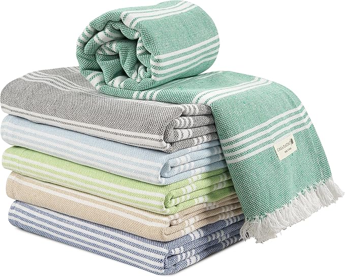 Casa Platino Turkish Beach Towels Set of 6, Lightweight and Soft Quick Dry Towels, Pre-Washed and Sand Free, Ideal for Travel, Summer Vacations, Family Trips, or Resort Pool Use – 39"x71" Beach Grass