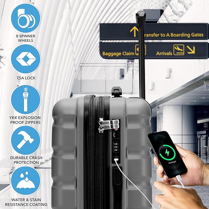 Flight Knight 24x16x10 Expandable Carry On Suitcase Hardside TSA Lock USB C Lightweight Luggage Silent Double Spinner Wheels Maximum Overhead Carry-On Bag For Virgin South West Approved Charcoal