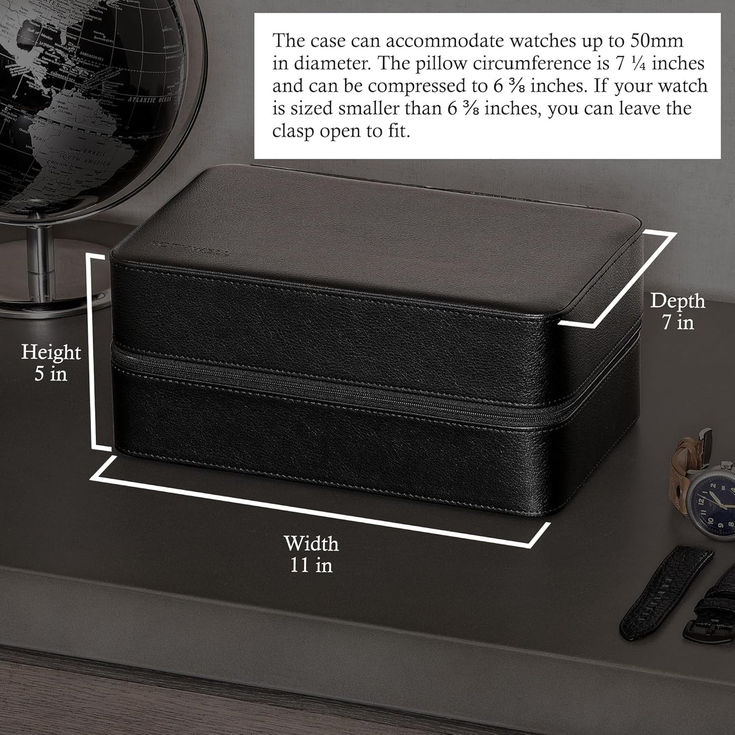 ROTHWELL 8 Watch Travel Case Storage Organizer for 8 Watches, Sunglasses, Rings & Cufflinks |Tough Portable Protection with Zipper Fits Most Wristwatches & Smart Watches Up to 50mm (Black/Red)