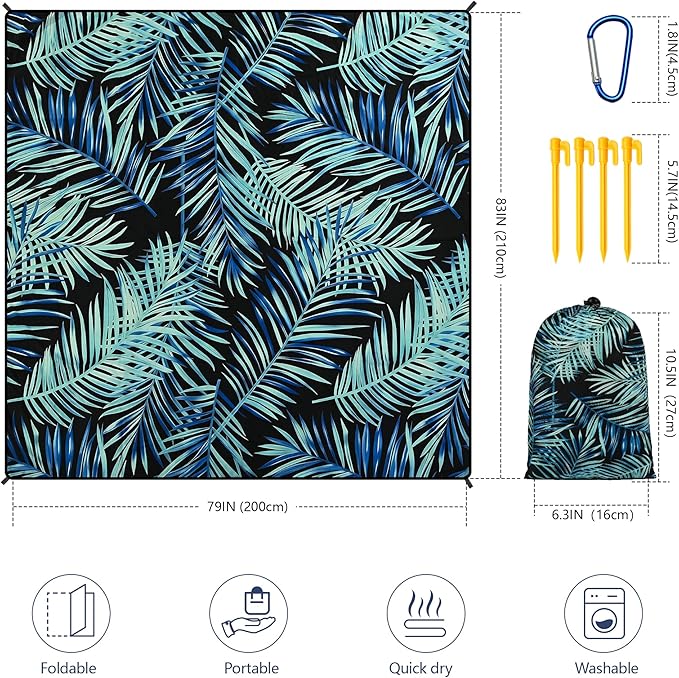 Beach Blanket Waterproof Sandproof Beach Mat 79" X 83"/10'x9'for 2-8 Adults Quick Drying Outdoor Picnic Mat Beach Accessories for Travel, Camping, Hiking