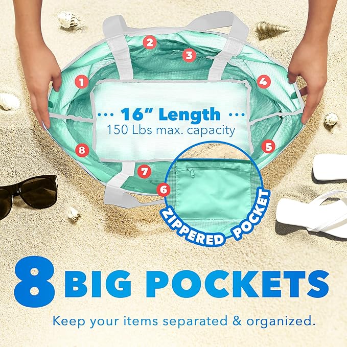 Dejaroo Mesh Sand Free Bag - Strong Lightweight Bag For Beach & Vacation Essentials. Tons of Storage!