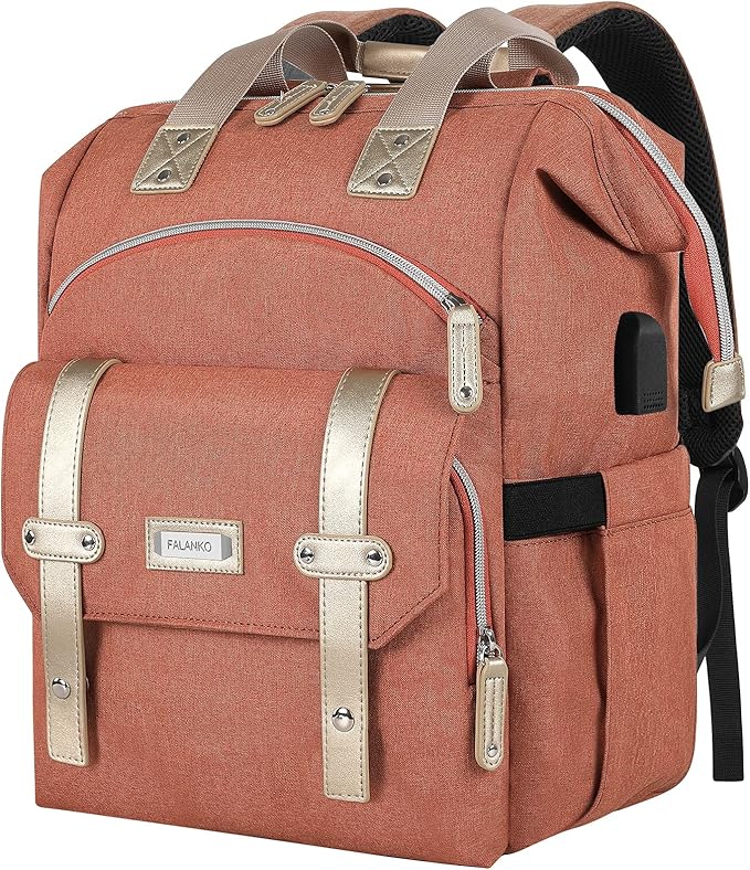 FALANKO Laptop Backpack for Women,15.6 inch Teacher Nurse School Waterproof Backpack,Large Womens Computer Backpack with Laptop Compartment,USD Charging Port,RFID Anti Theft Shoulder Orange Bags