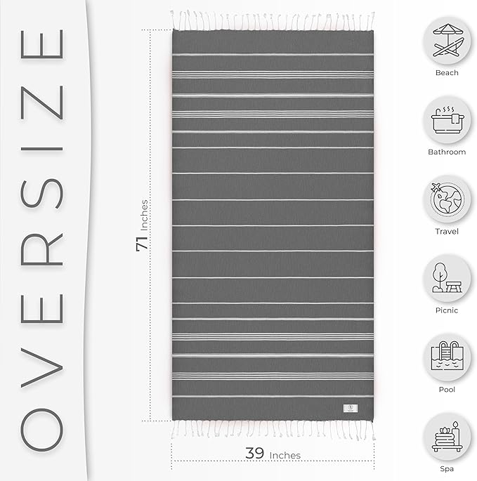 Turkish Beach Towel Quick Dry & Soft Oversized (39" x 71") - Compact, Versatile and Functional as Beach and Travel Blanket, Travel, Camping, Cruise and Gym Towel - Grey