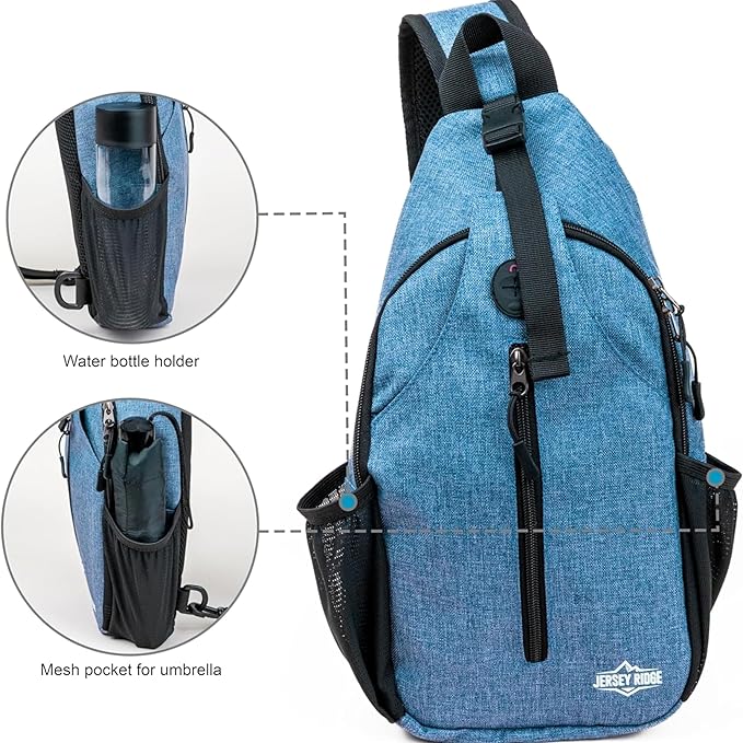 Crossbody Sling Bag – Anti-Theft Carryall Daypack Backpack with Adjustable Chest Strap for Travel or Hiking (Blue)