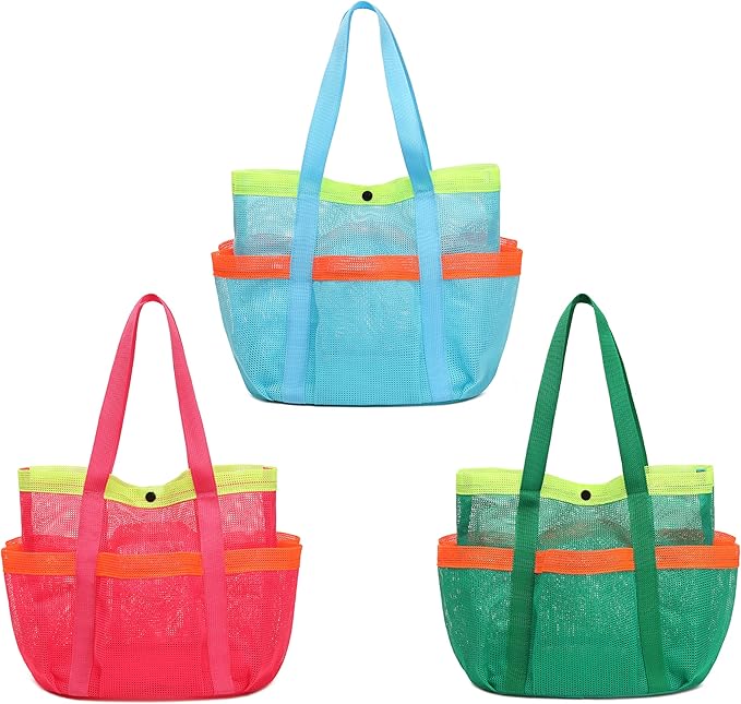 Mesh Beach Bag, Foldable Waterproof Sandproof Beach Storage Tote with 6 Pockets, Swim Tropical Vacation Pool Essential