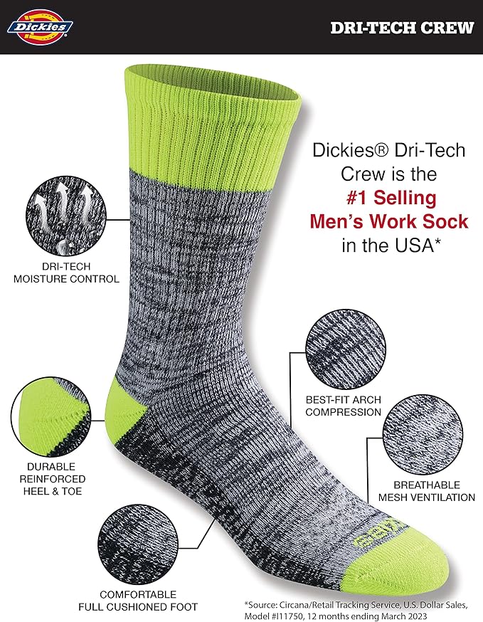 Dickies Men's Dri-Tech Original Moisture Control Crew Socks, Available in M-XXL (6, 12, 18 Pairs)