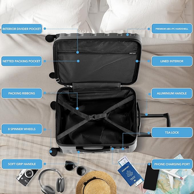 Flight Knight 24x16x10 Expandable Carry On Suitcase Hardside TSA Lock USB C Lightweight Luggage Silent Double Spinner Wheels Maximum Overhead Carry-On Bag For Virgin South West Approved Charcoal