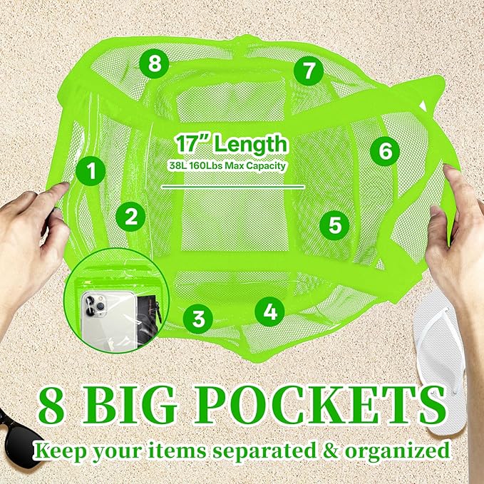Large Mesh Beach Bag - Lightweight & Foldable Family Beach Bag with 9 Pockets for Toys, Towels & Vacation Essentials