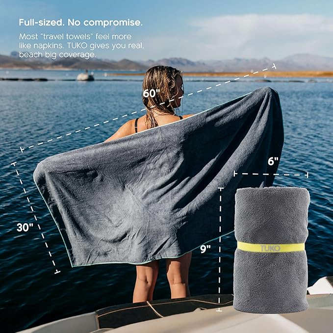 MISSION Tuko Microfiber Beach Towel Set with Water-Resistant Carrying Case for Boating and Swimming (Teal Bag Holder, 60L x 30W, Set of 4)