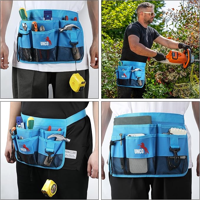 UNCO- Adjustable Gardening Belt, Blue, 5 Pockets, Wear, Cut and Water Resistant, Garden Tool Belt Pouch, Waist Apron with Pockets