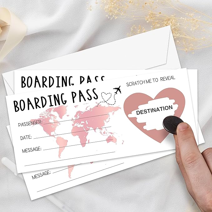 AWSICE Scratch Surprise Boarding Pass, 1 Set Make Your Own DIY Travel Ticket, Surprise Reveal Card for Holiday, Christmas, Wedding, Birthday, Anniversary, Party Supply(3.5"x8" Pink)-A003